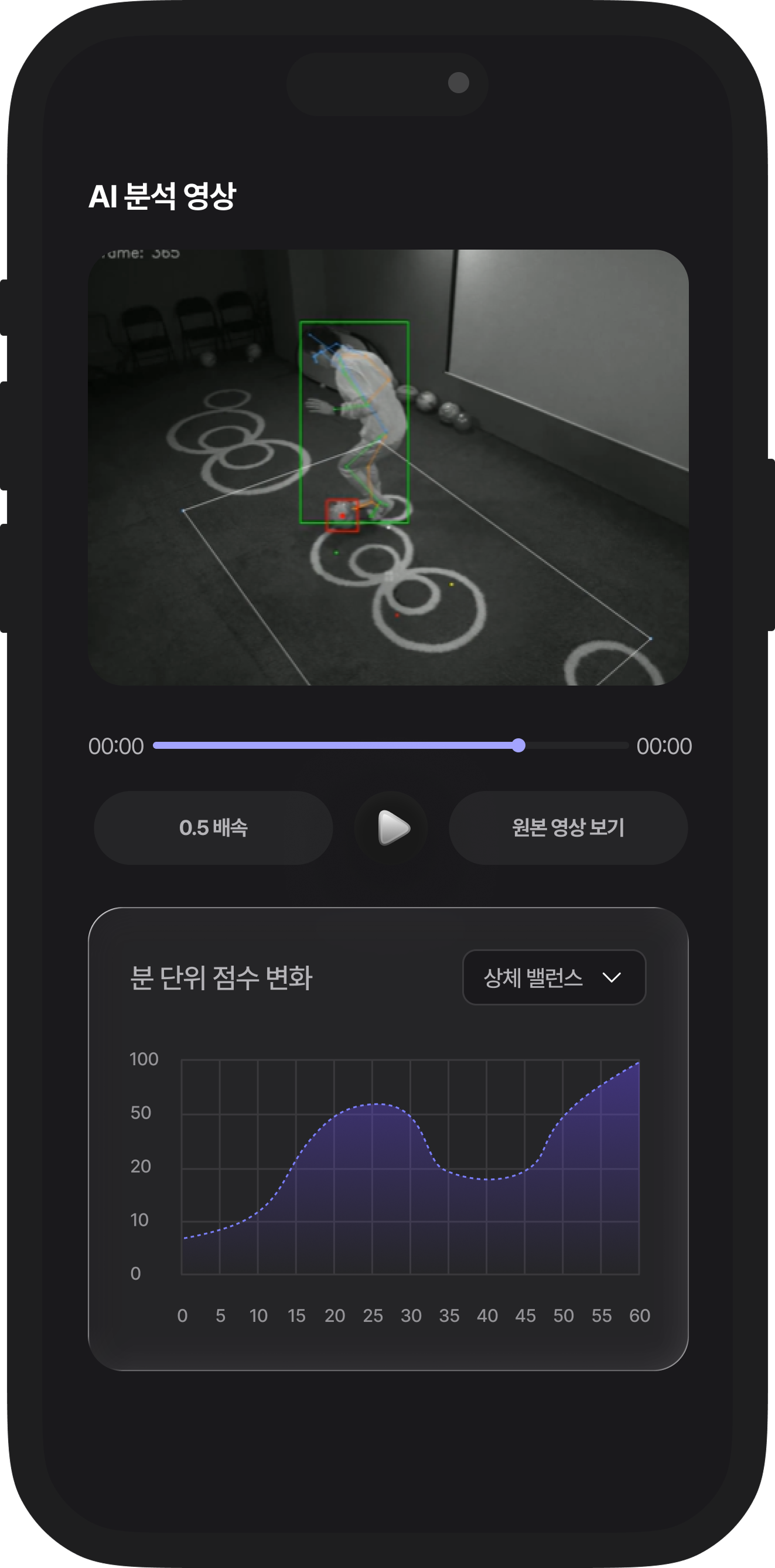 8Round 앱의 AI 분석 화면 · 선수·공 검출과 3D 스켈레톤 오버레이